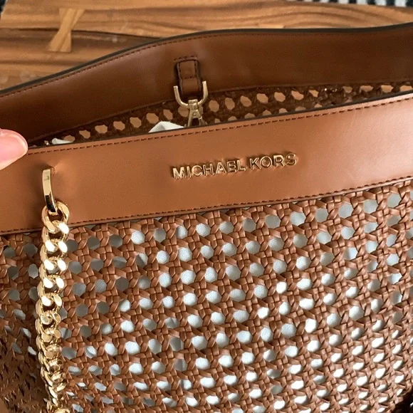 Michael Kors Kinsley Rattan Carryall Tote Bag in the color Luggage. - Picture 8 of 9